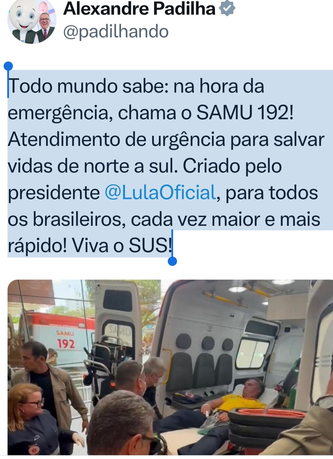 Padilha aproveitando a doença fe Bolsonaro para elogiar Lula