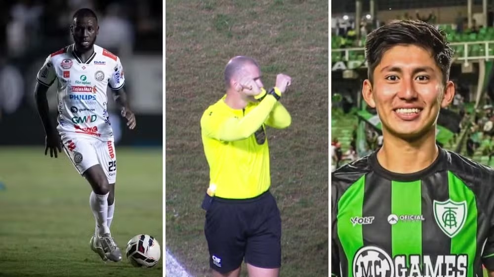 Jogador Allano, do Operário-PR, árbitro Alisson Sidnei Furtado e jogador Miguelito, do América-MG
