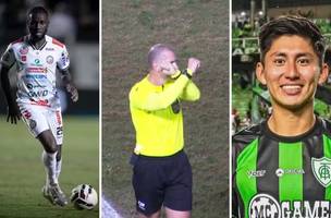 Jogador Allano, do Operário-PR, árbitro Alisson Sidnei Furtado e jogador Miguelito, do América-MG (Foto: Giovani Baccin/OFEC - Valdecir Galvan/RPC - Reprodução/Redes Sociais)