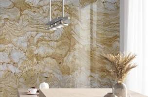 O mármore Aurora Gold promete brilhar no mercado de design, oferecendo beleza, sofisticação e poesia na coleção 2025 da Decolores. (Foto: Decolors)
