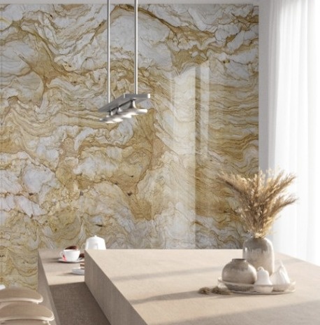 O mármore Aurora Gold promete brilhar no mercado de design, oferecendo beleza, sofisticação e poesia na coleção 2025 da Decolores.