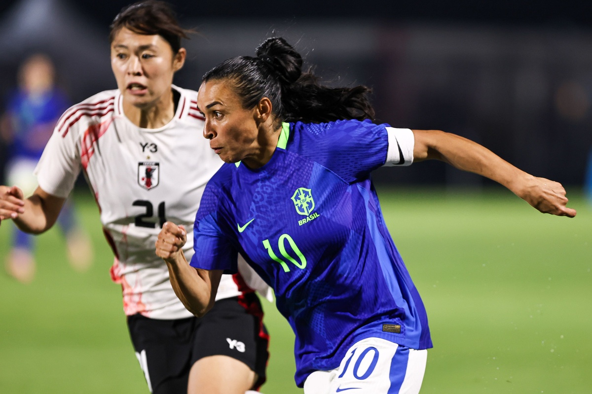 Jogadora Marta em confronto entre Brasil x Japão.