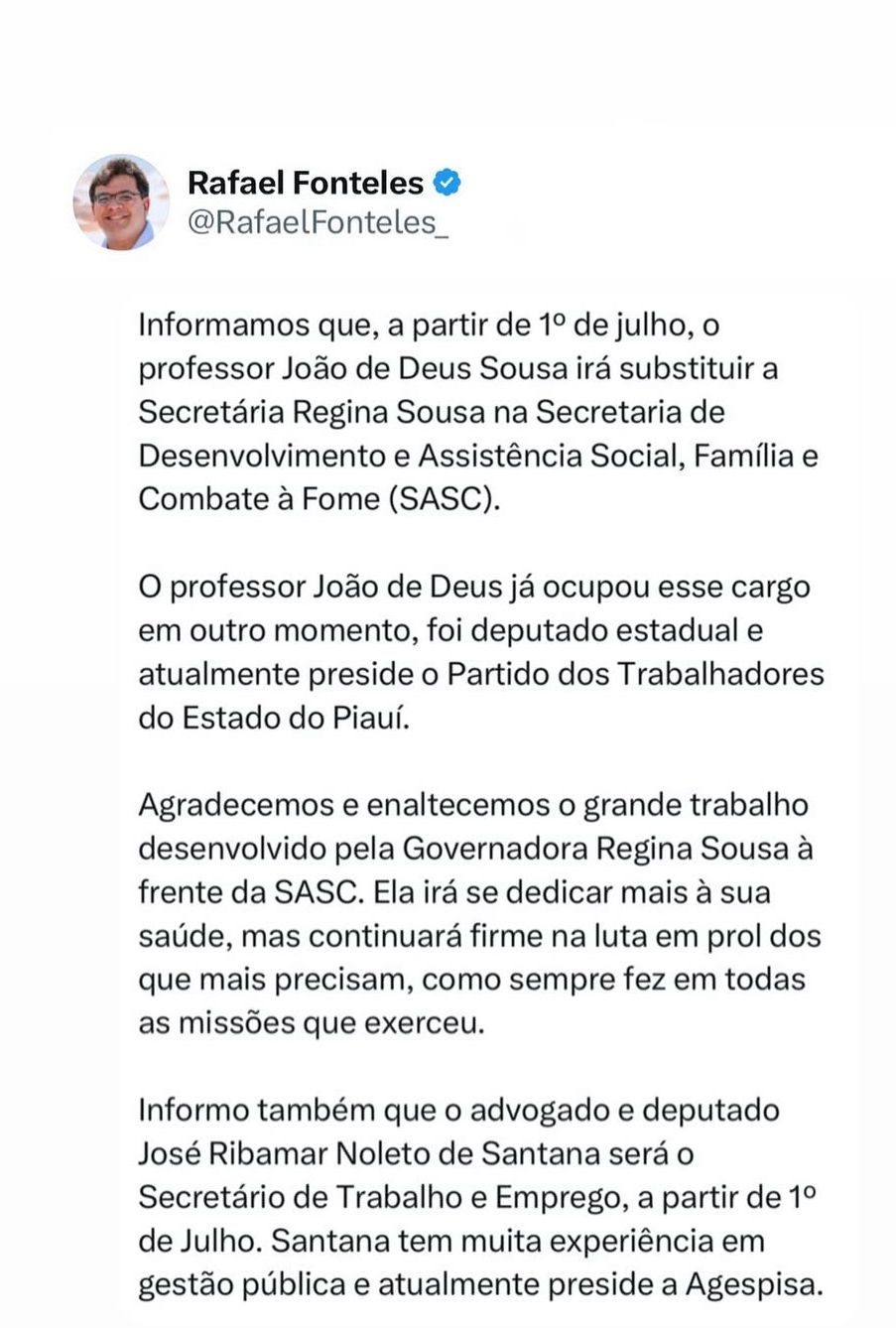Postagem do Governador, no X