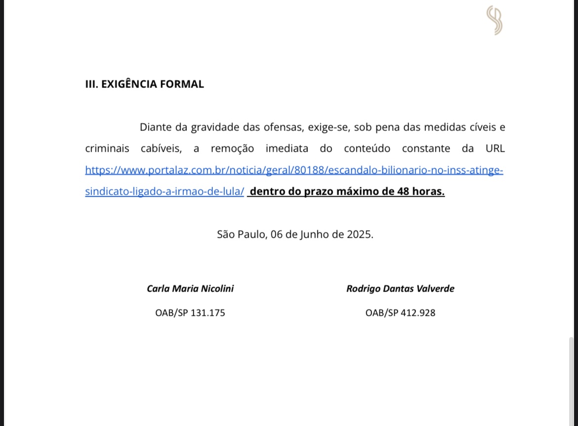 Sindicato por meios de advogados dão 48 horas para retirada de matéria do ar