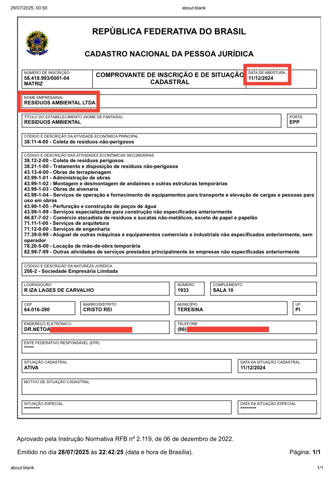 Empresa aberta em dezembro de 2024
