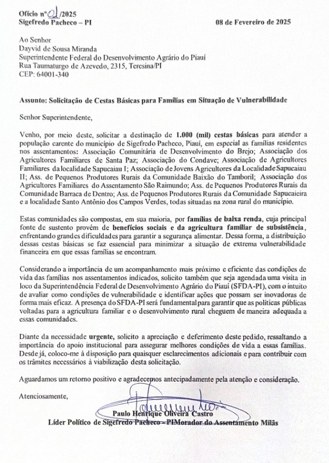 Ofício tratando das Cestas