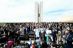 Parlamentares de oposição durante entrevista coletiva na frente do Congresso Nacional (Foto: Edilson Rodrigues/Agência Senado)