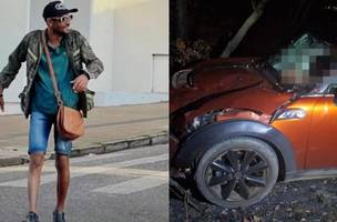 Reginaldo Pereira e o estado do carro após o acidente (Foto: Polícia Civil)