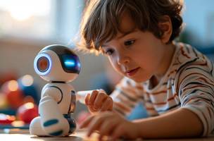 Menino interagindo com um robô educativo em uma sala de jogos iluminado . Foto: Laura/Adobestock (Foto: © Laura/Adobestock)