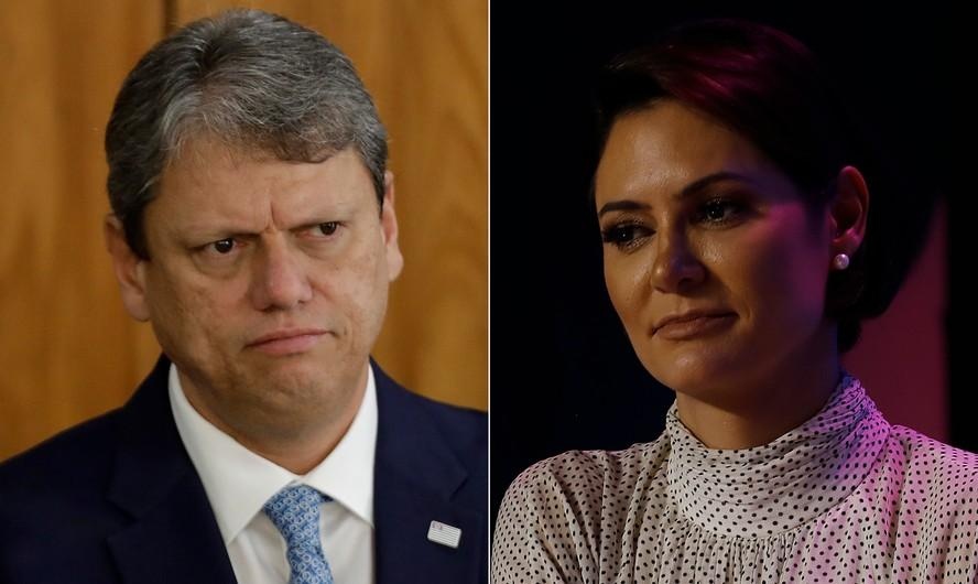 O governador de São Paulo, Tarcísio de Freitas (Republicanos-SP), e a ex-primeira-dama Michelle Bolsonaro (PL)