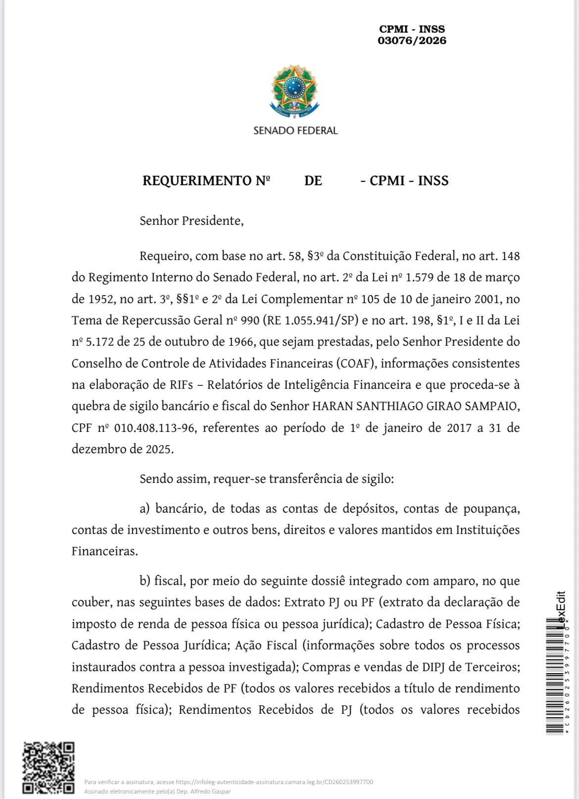 CPMI do INSS pede quebra de sigilo bancário e fiscal de Haran Santhiago Girao Sampaio por movimentações entre 2017 e 2025.