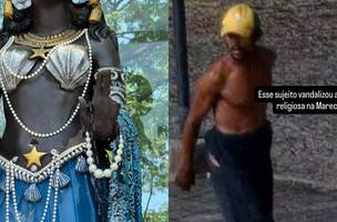 Suspeito quebrou o vidro que protegia a estátua e danificou uma das mãos (Foto: Colagem AZ)