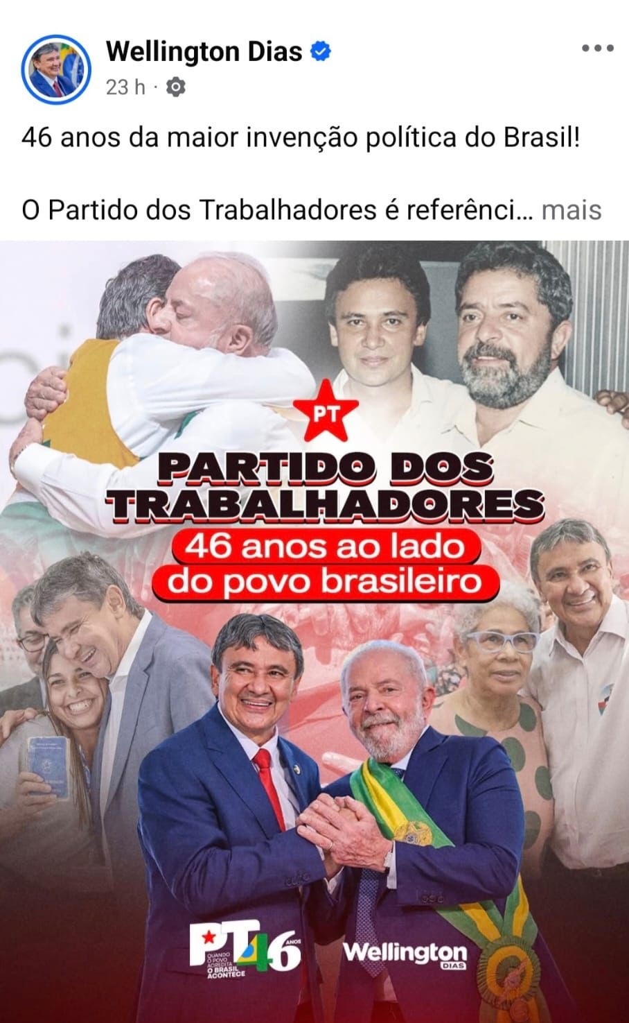 Veja a prova do tamanho da crise entre Rafael e Wellington: o índio fez um anúncio sobre os 46 anoa do PT, encheu de  suas fotos, colocou a “tia do café, opa, a Regina com Lula e nemhuma foto do governador. Mas eles seguem fingindo