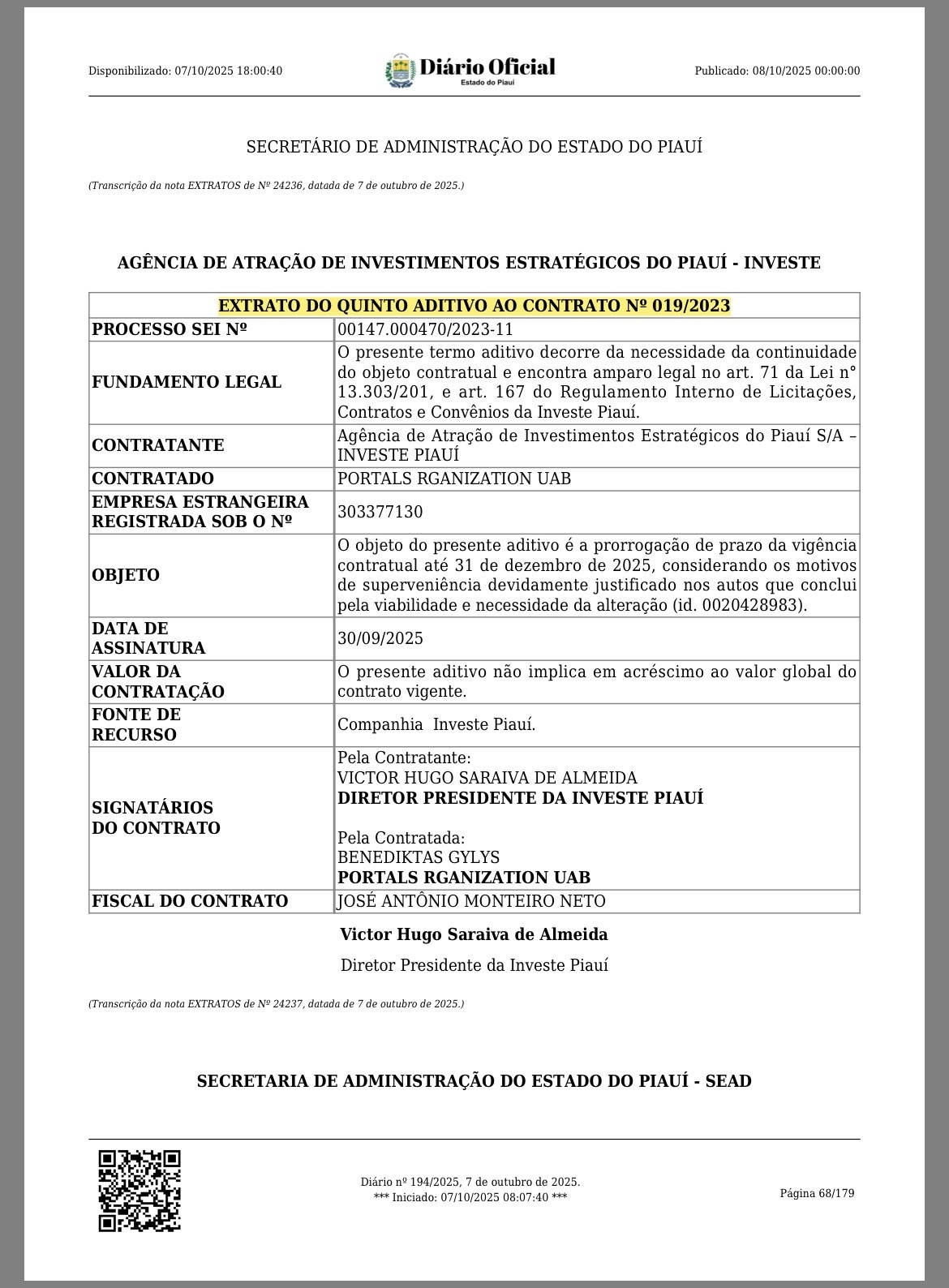 Contrato teve 5 aditivos desde 2023