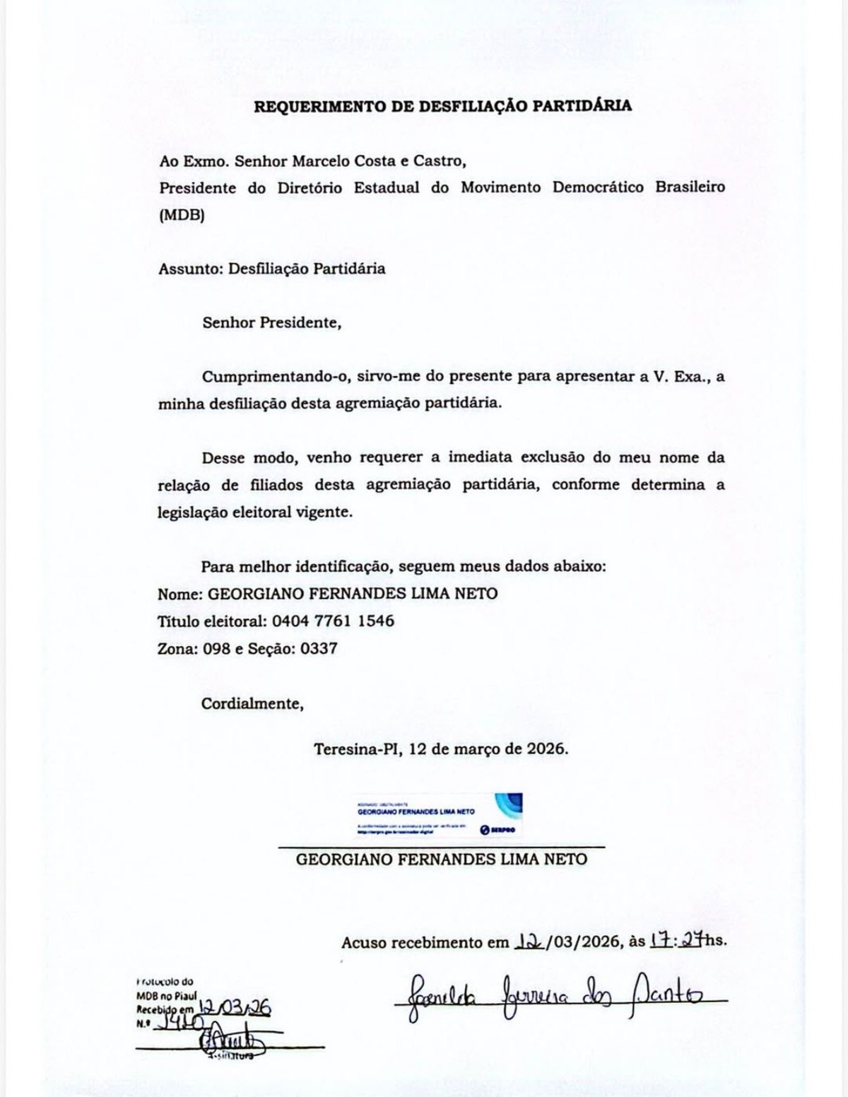 Georgiano deixou público sua insatisfação com pedido de desfiliação