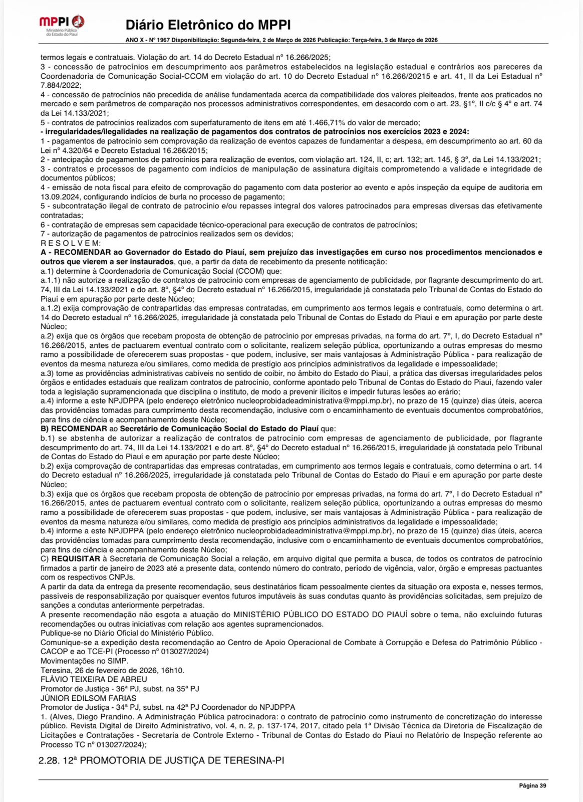 MP vê sobrepreço de até 1.466% e recomenda suspender patrocínios no PI