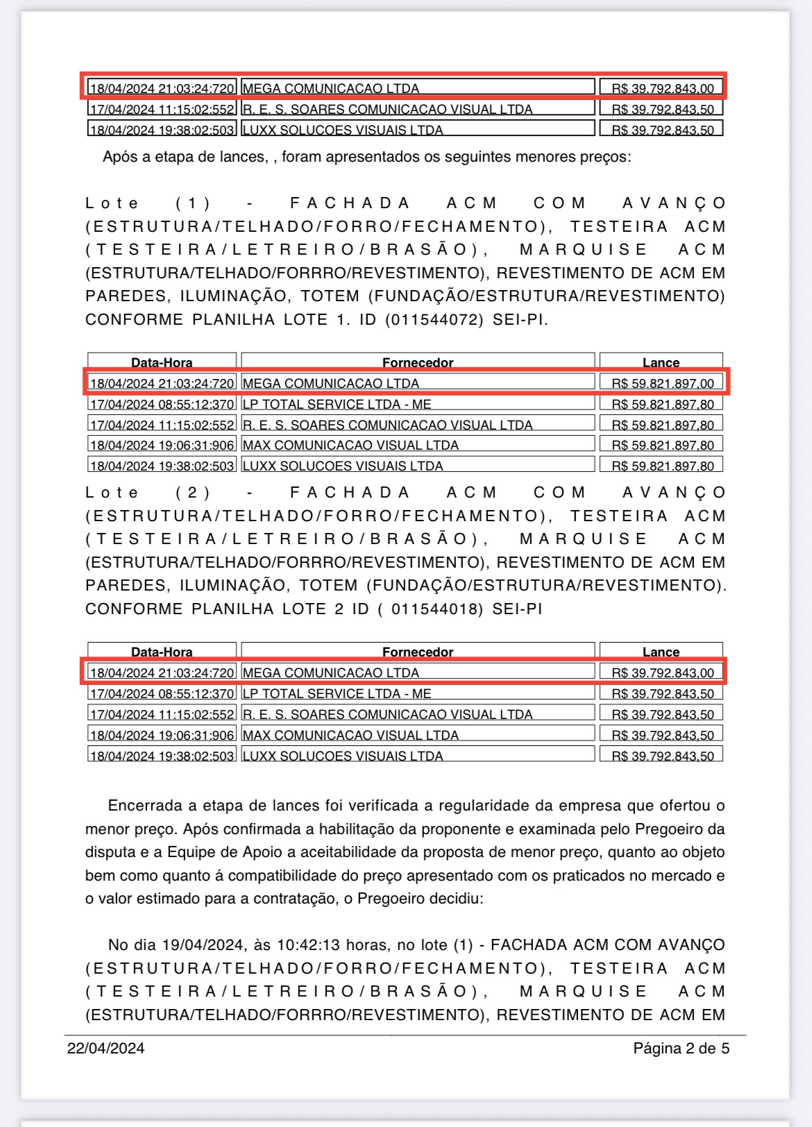 No lote 2, Mega ofertou valor 50 centavos mais barato