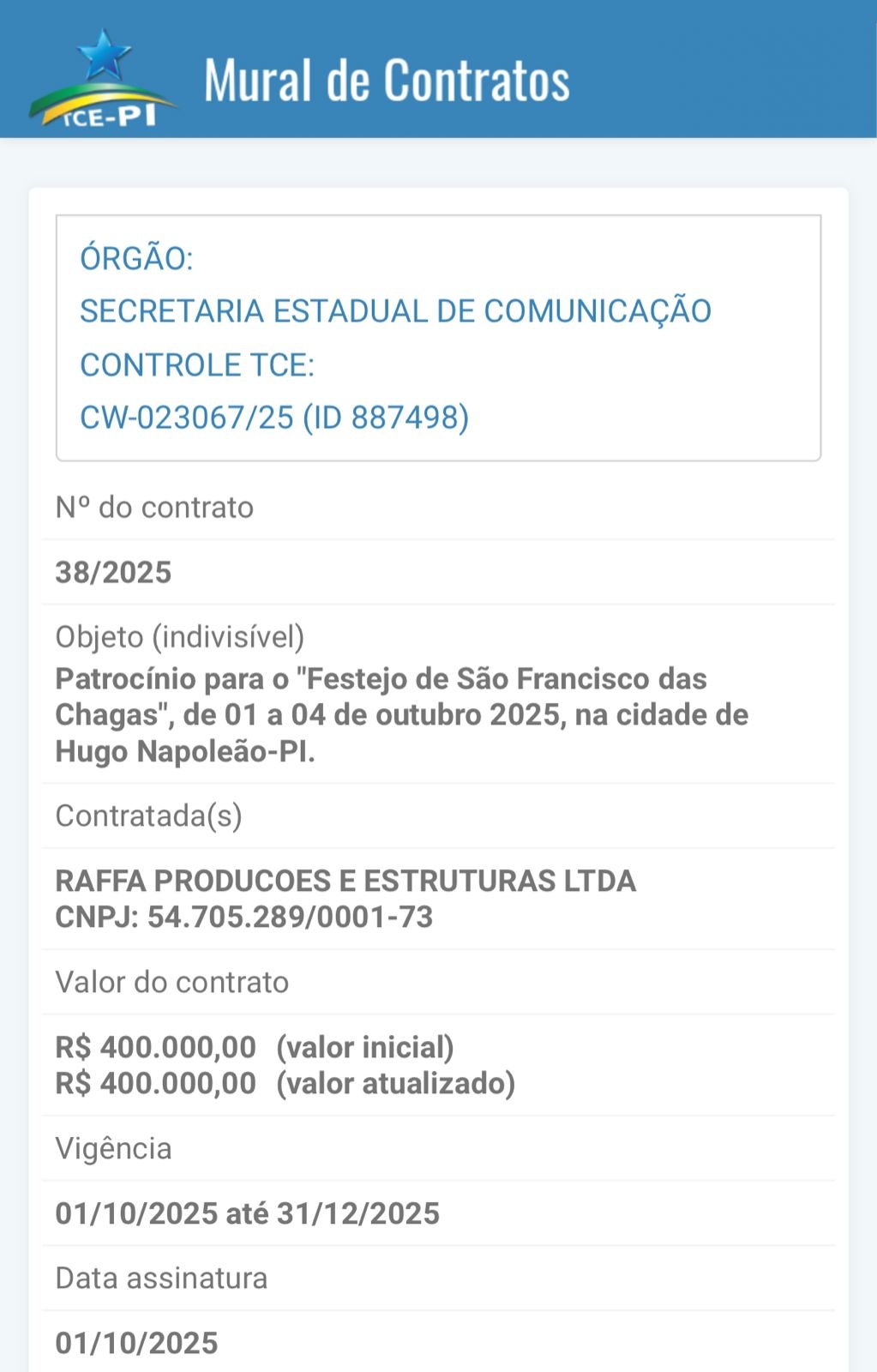 Secom financia festejos no Piauí no valor de R$ 400 mil