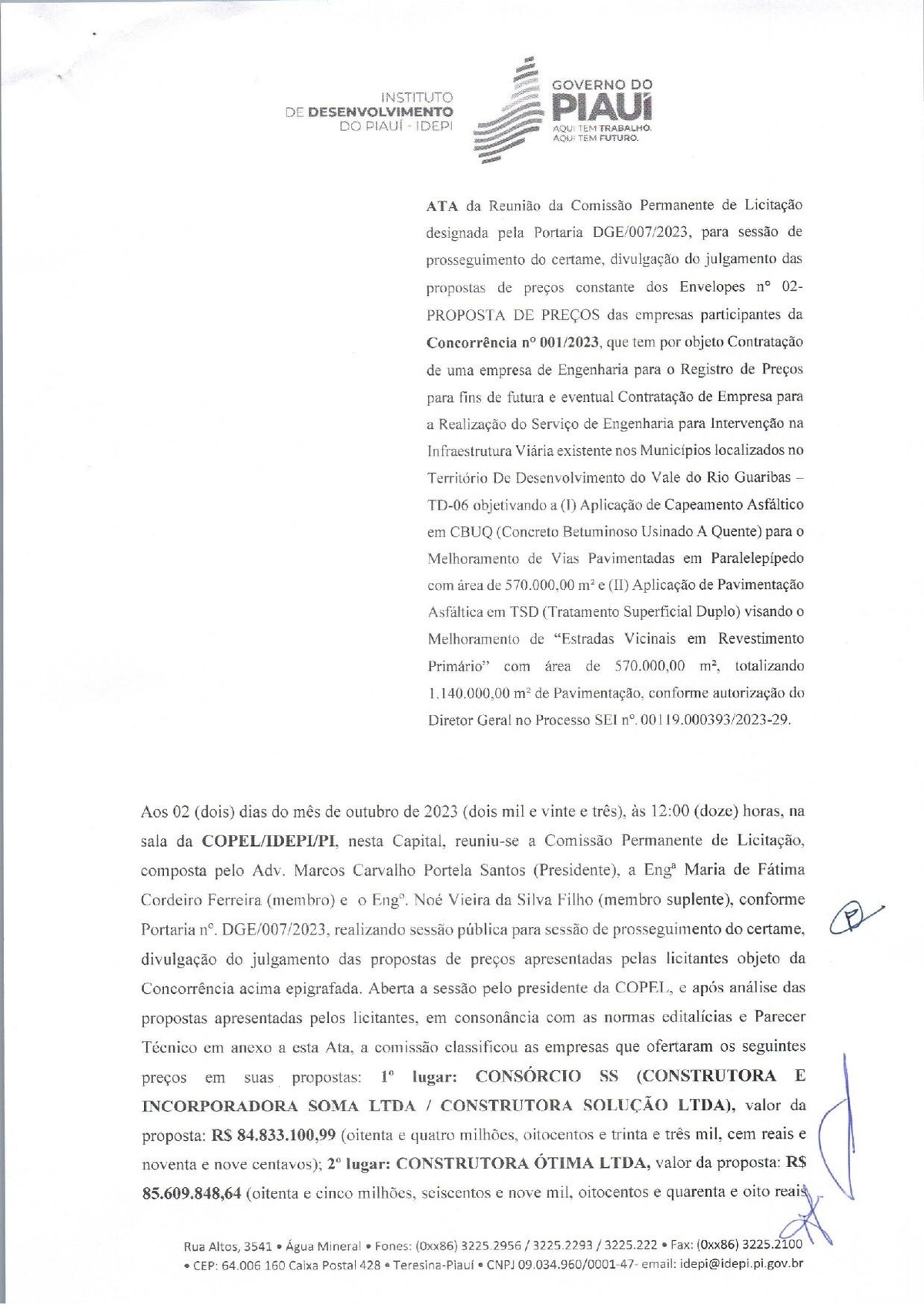 Ata da Comissão Permanente de Licitação — Concorrência nº 001/2023 (página 1) · Resultado: Consórcio SS vencedor · 2 de outubro de 2023