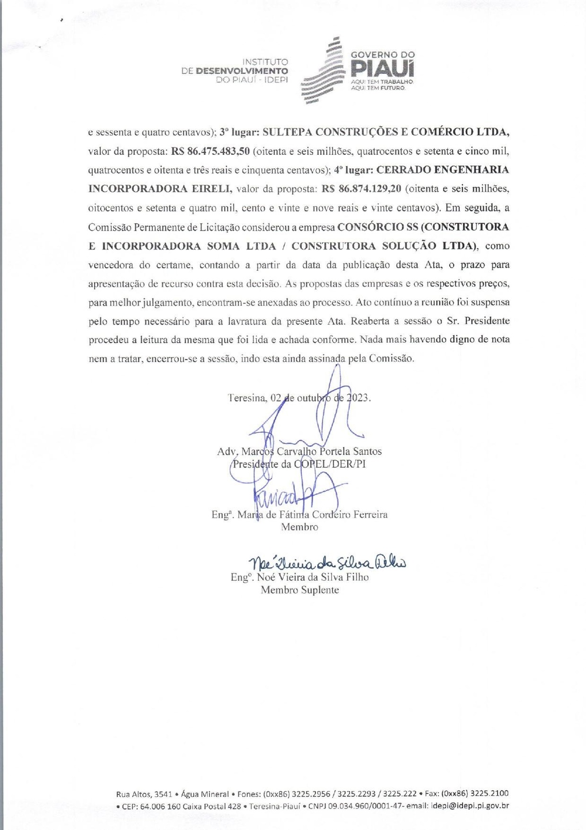 Ata da CPL — página final com assinaturas: Adv. Marcos Carvalho Portela Santos (Presidente), Engª Maria de Fátima Cordeiro Ferreira (Membro) e Engº Noé Vieira da Silva Filho (Membro Suplente)