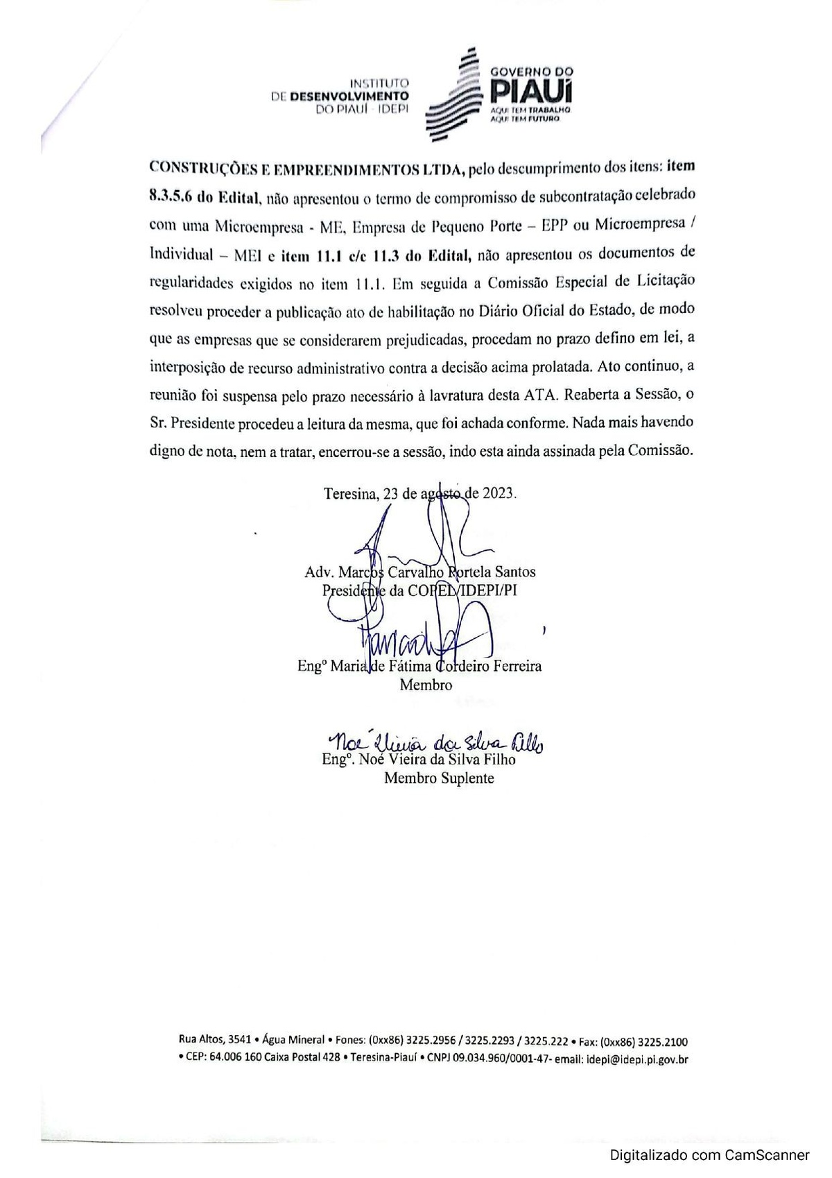 Ata de Habilitação 001/2023 — página final: detalhe da inabilitação da Novatec e assinaturas dos membros da CPL