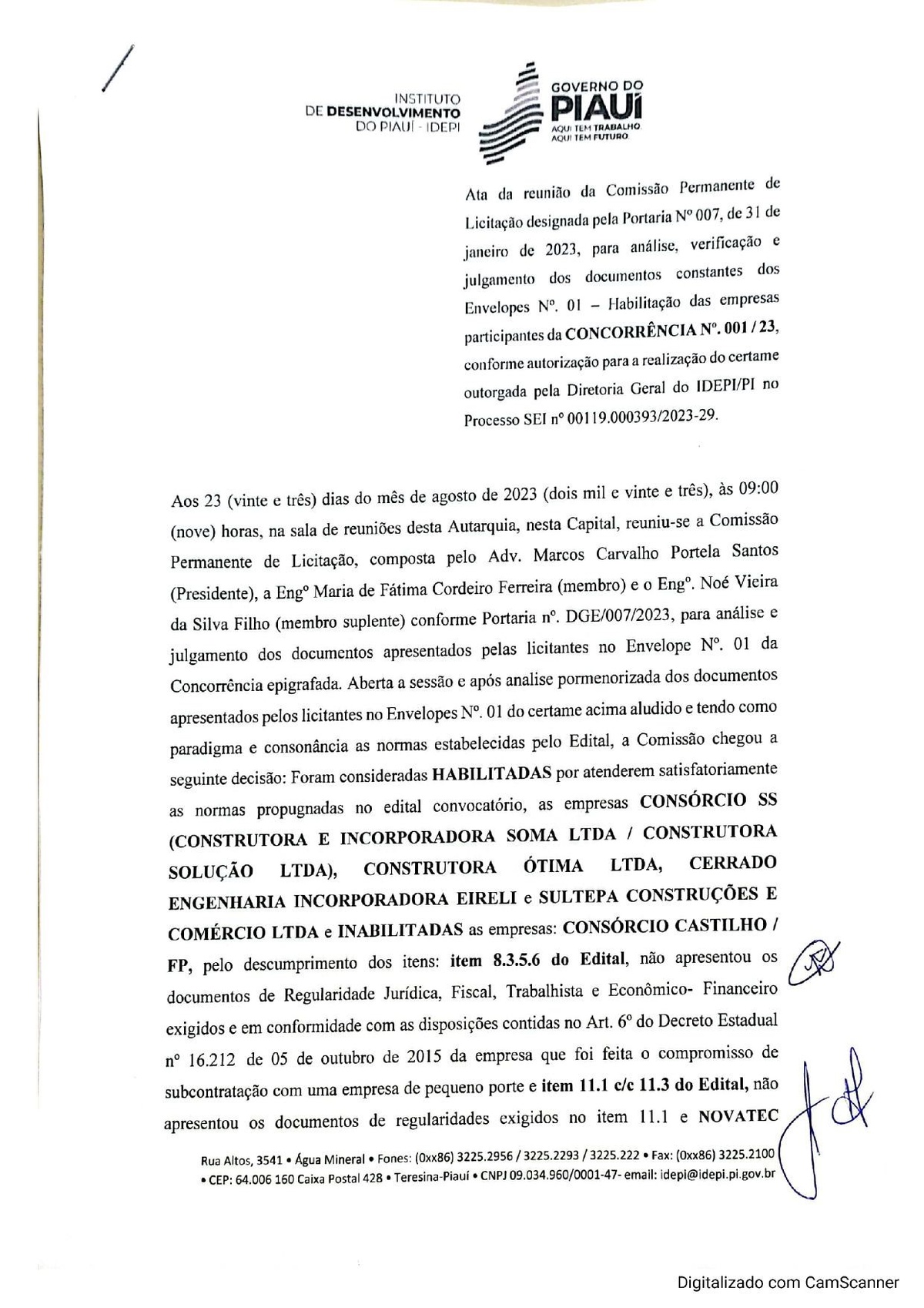 Ata de Habilitação — Concorrência nº 001/2023 · IDEPI/PI · 23 de agosto de 2023 · Inabilitação do Consórcio Castilho/FP e da Novatec por item referente a subcontratação