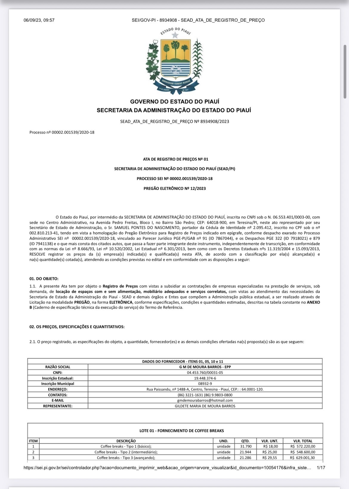 Ata de registro de Preço da SEAD