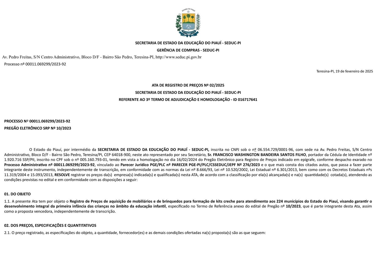 Ata de Registro de Preços n.º 02/2025 (SEI 016750380), referente ao 3.º Termo. Assinada pela B.V. Indústria (Lote 17 — Conjunto Refeitório, R$ 2.989.991,76) e pela Novo Horizonte (Lote 45 — Gangorra Individual, R$ 37.632,00).