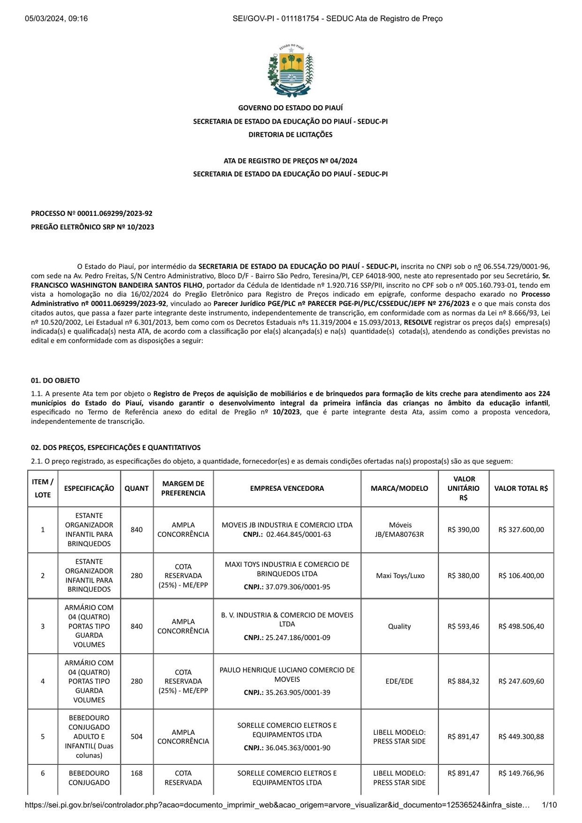 Ata de Registro de Preços n.º 04/2024 (SEI 011181754), referente ao 1.º Termo de Homologação. Andressa Panini Albissu aparece como vencedora do Lote 13 (CJC-01 — Ampla Concorrência) por R$ 458,72 a unidade.