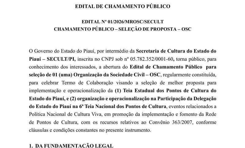 Capa do Edital de Chamamento Público n. 01/2026/MROSC/SECULT, publicado pela SECULT/PI em 26 de janeiro de 2026.