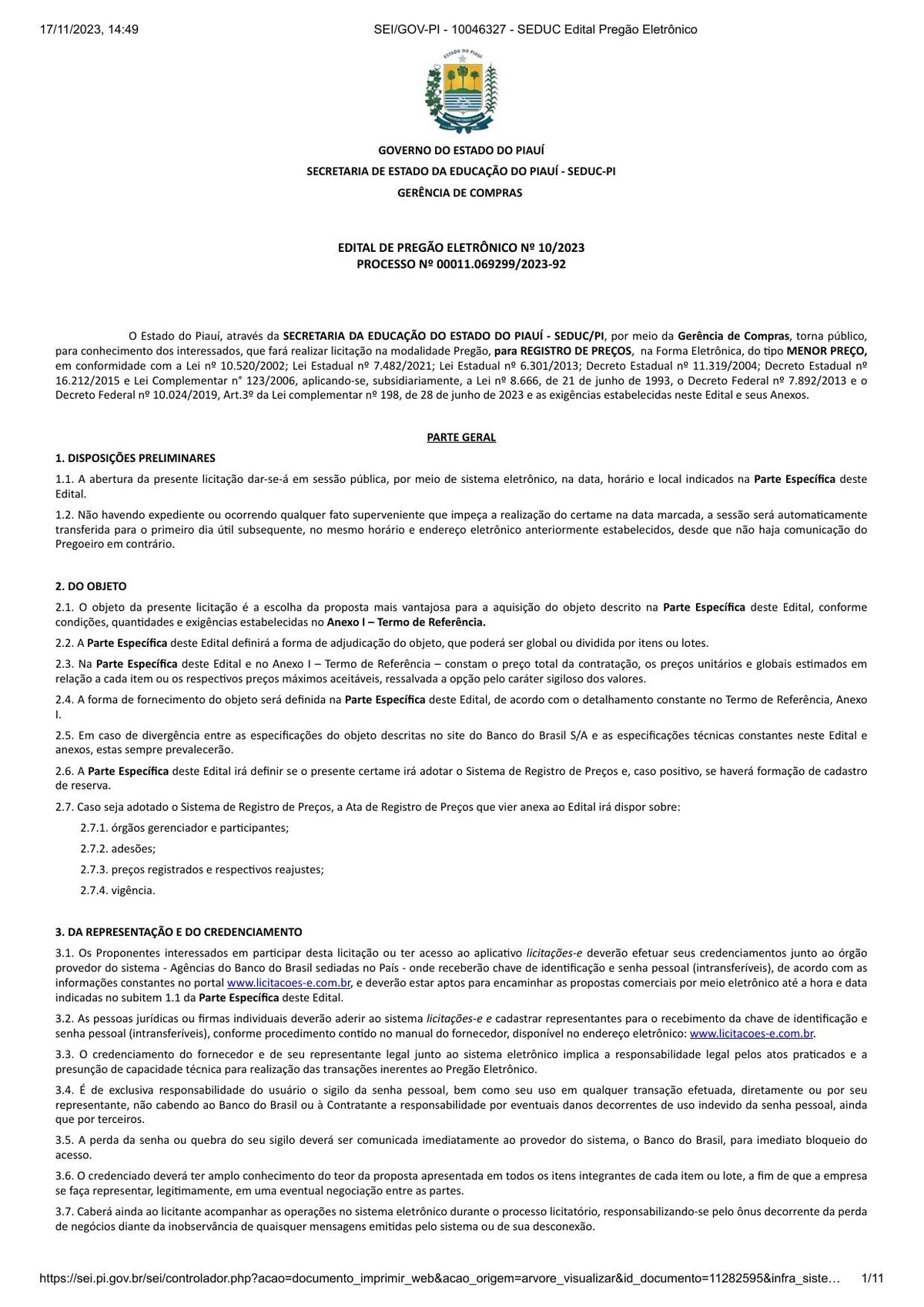 Capa do Edital de Pregão Eletrônico n.º 10/2023, assinado pelo secretário Washington Bandeira em 17/11/2023. Documento SEI/GOV-PI 10046327.