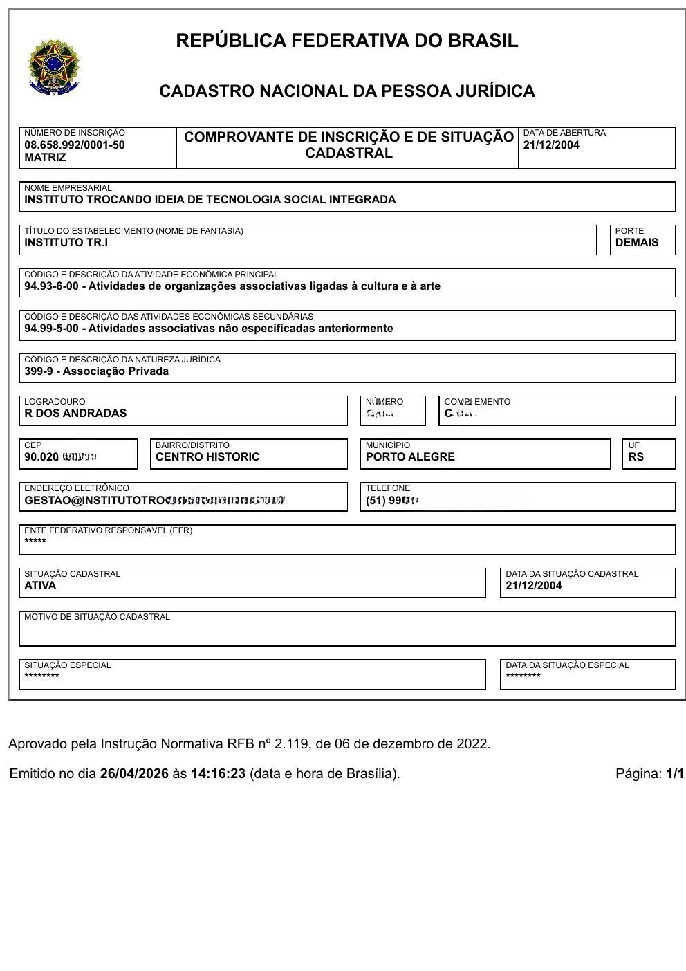 Comprovante de inscrição do Instituto Trocando Ideia no CNPJ. Entidade fica em Porto Alegre (RS)