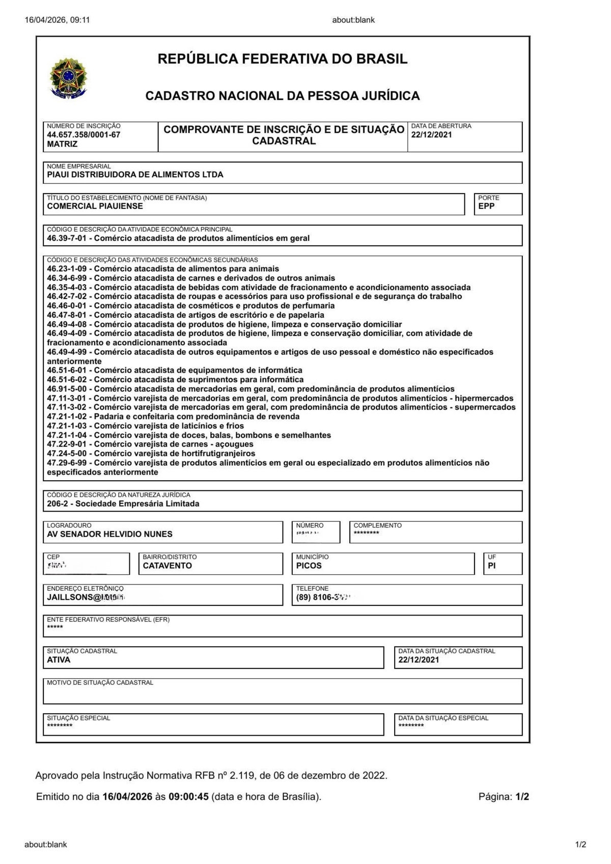 Comprovante de inscrição no CNPJ da Piauí Distribuidora de Alimentos Ltda., emitido em 16 de abril de 2026. O e-mail cadastrado aponta diretamente para Francisco Jaillson.