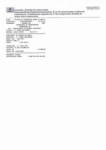Comprovante TED de 15/01/2026 — R$ 15.000,00 — Favorecido: A J Tech Ltda | Banco do Brasil