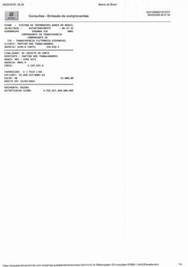 Comprovante TED de 25/02/2026 — R$ 15.000,00 — Favorecido: A J Tech Ltda | Banco do Brasil