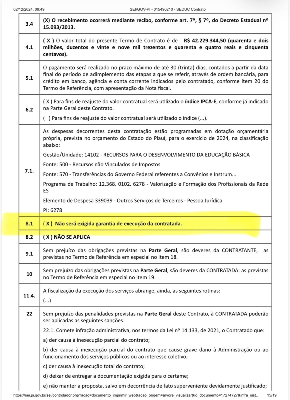 Contrato não tem contrapartida de garantia contratual