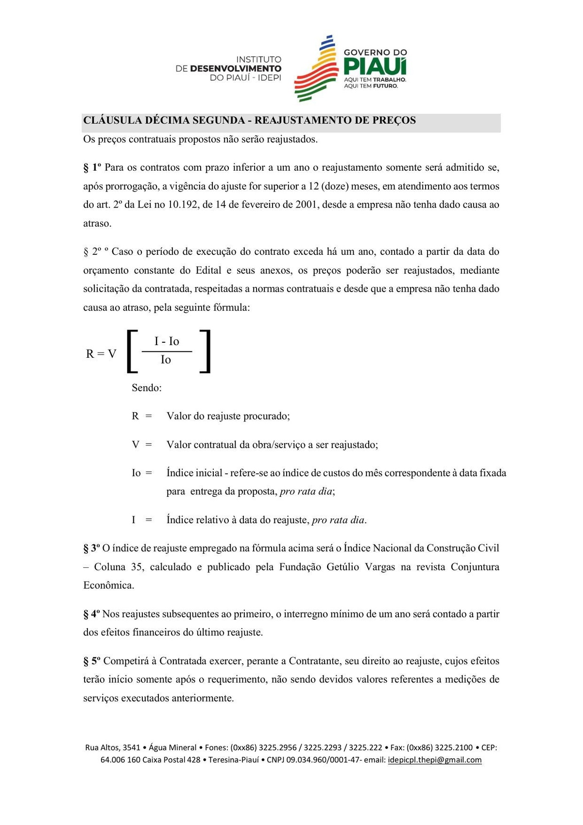 Contrato nº 086/2023 — Cláusula Décima Segunda: Reajustamento de Preços · Fórmula R = V × [(I - Io) / Io] · Índice FGV/DNIT