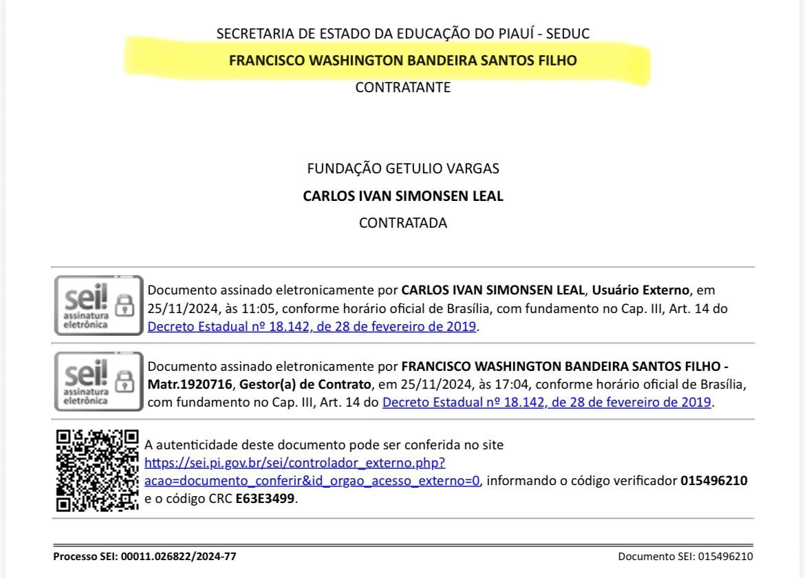 Contratos e aditivos foram assinados pelo então secretário de educação na época, Washigton Bandeira