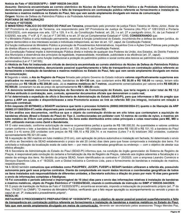 Documento do MPPI confirma abertura de investigação após denúncia publicada pelo Portal AZ sobre contratos de bandeiras no Piauí.