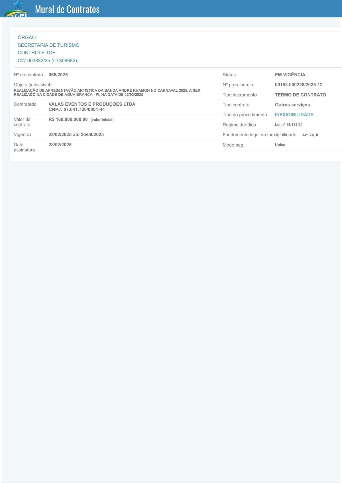 Documento oficial do Contrato nº 066/2025 — Secretaria de Turismo do Piauí com a Valas Eventos e Produções Ltda — valor: R$ 160.000.000,00. Fonte: TCE-PI.