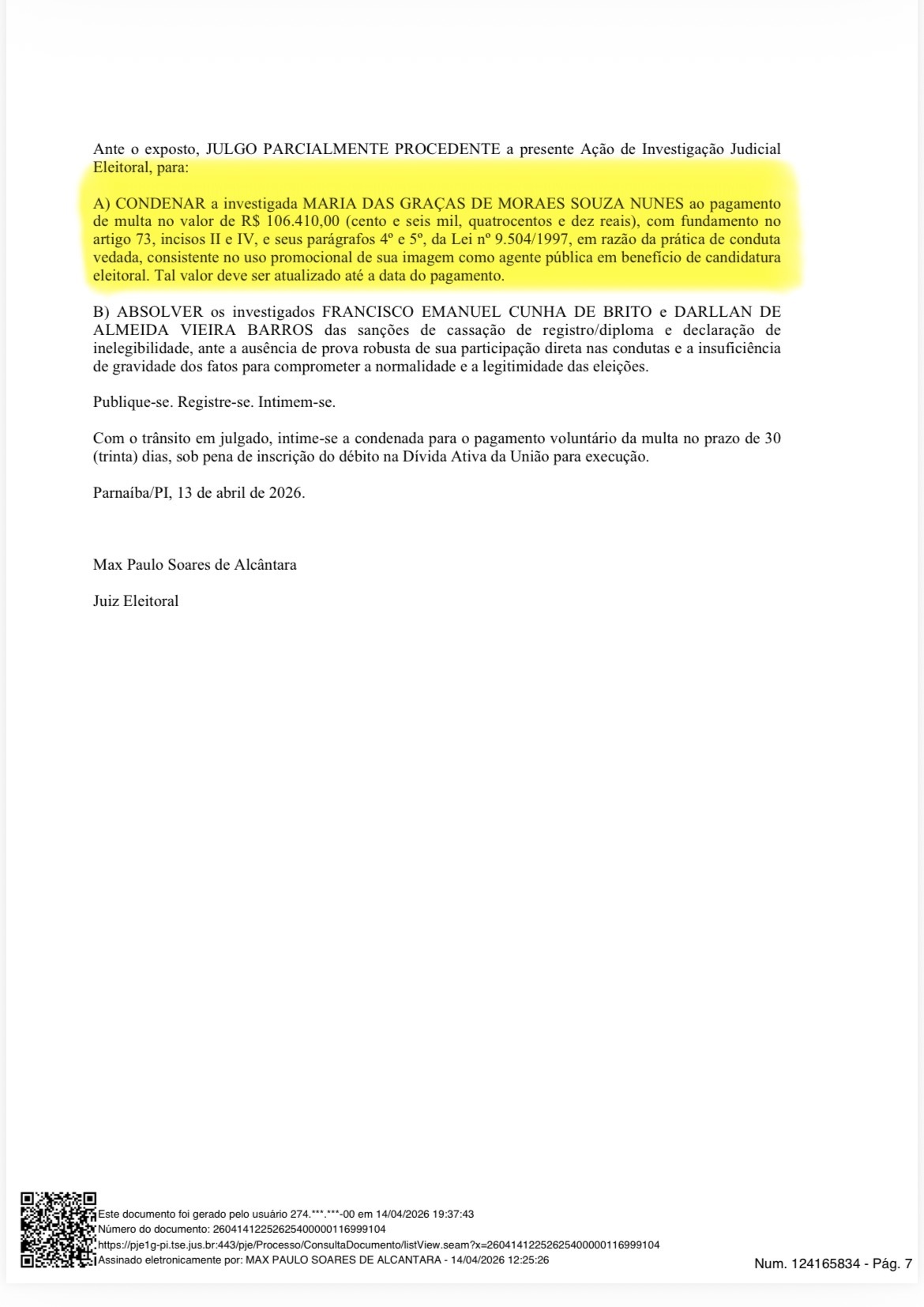 Justiça Eleitoral condena Gracinha Mão Santa a multa de R$ 106 mil por conduta vedada em Parnaíba