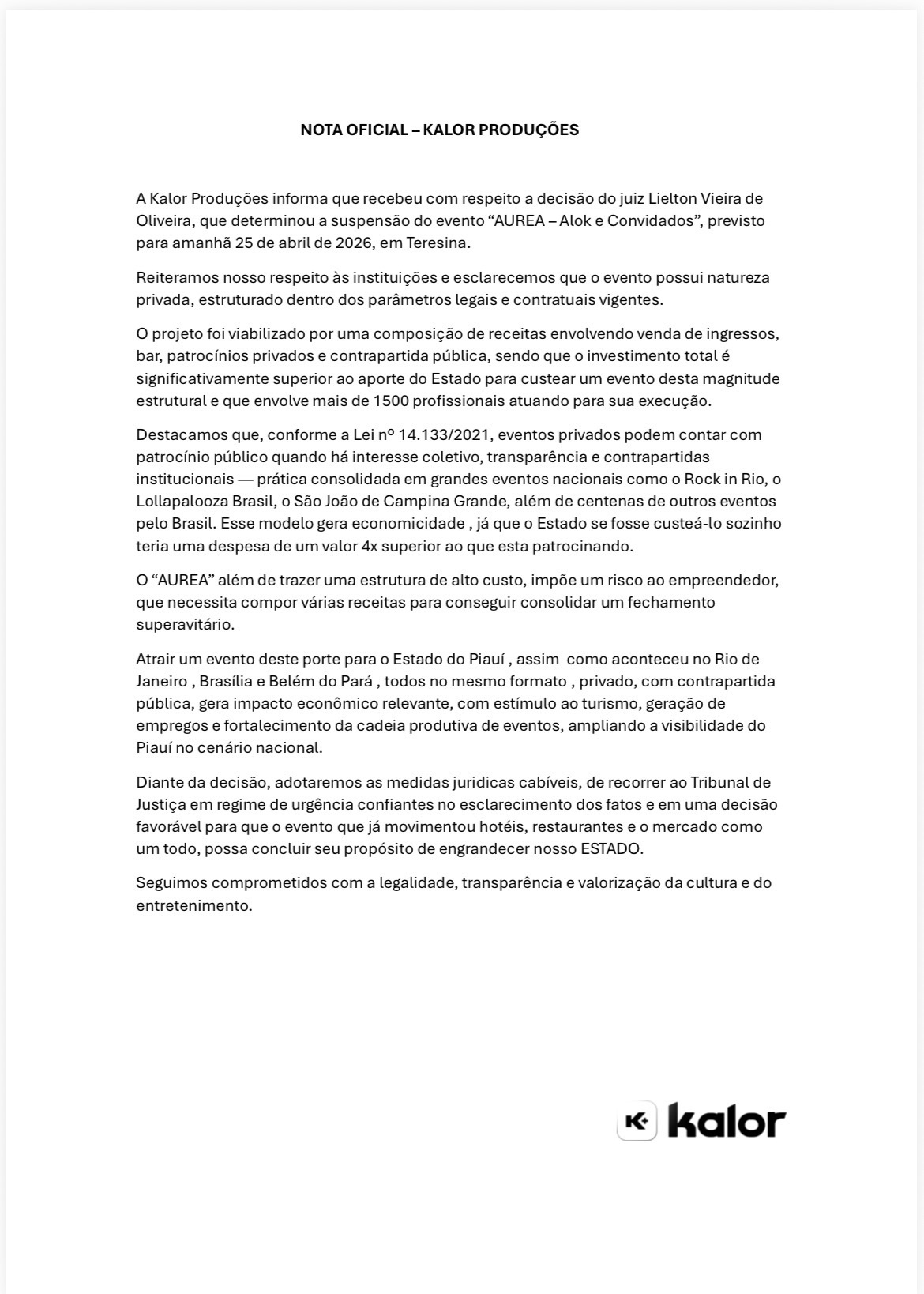 Nota da Kalor Produções