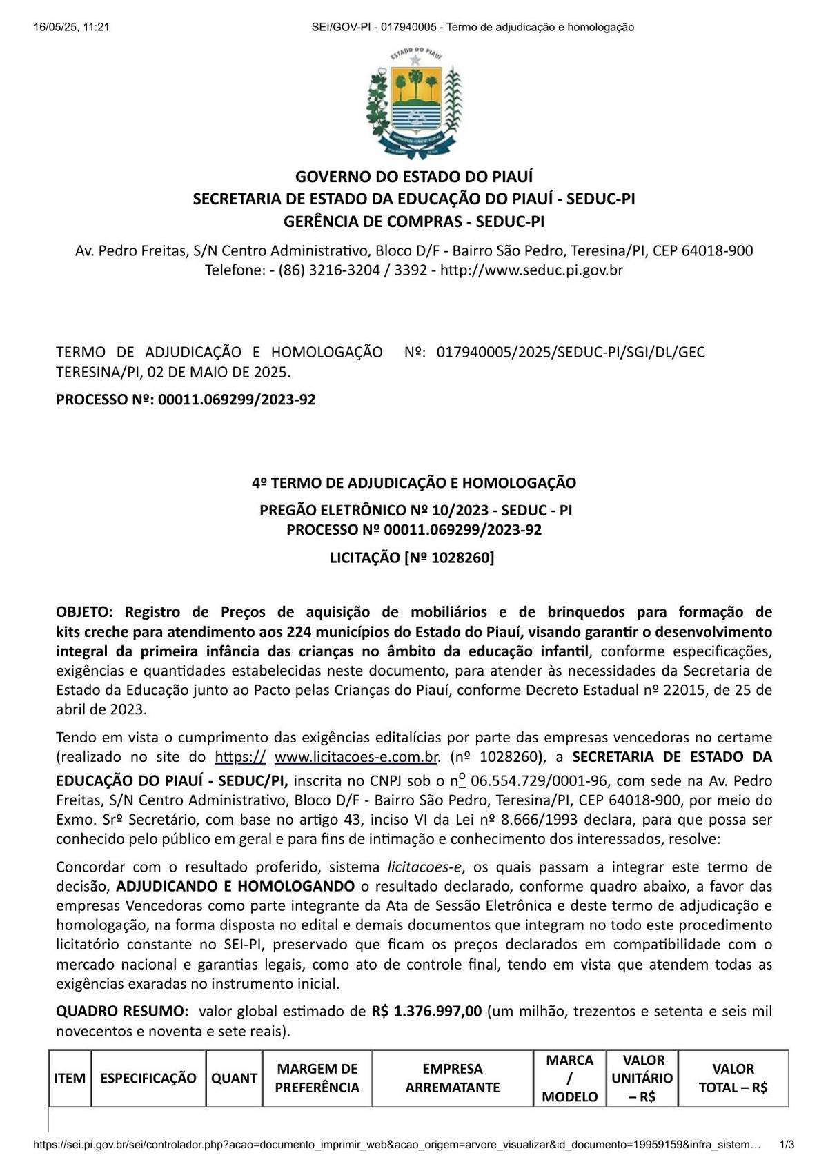 .º Termo de Adjudicação e Homologação (SEI n.º 017940005), datado de 02/05/2025. Registra a Móveis JB como vencedora substituta do Lote 13 por R$ 631,65 a unidade.