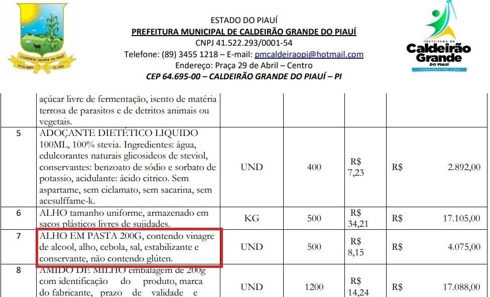 Planilha da Prefeitura Municipal de Caldeirão Grande do Piauí (Pregão 028/2023). O item 7, alho em pasta, traz a palavra 'alcool' sem acento, erro idêntico ao encontrado nos editais de outros três municípios.