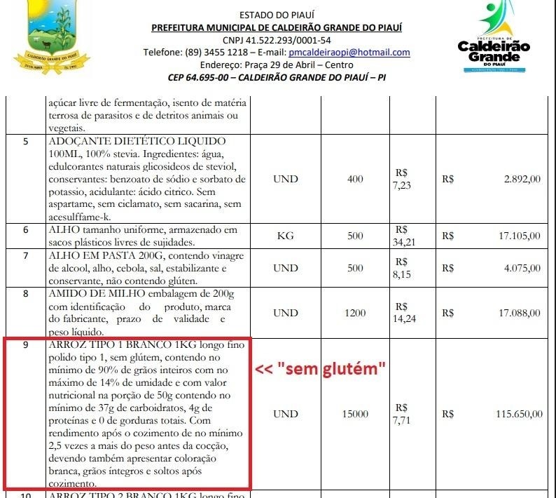 Planilha de Caldeirão Grande com a grafia 'sem glútem' no item de arroz (item 9), erro idêntico ao presente em Fronteiras, Monsenhor Gil e Demerval Lobão.