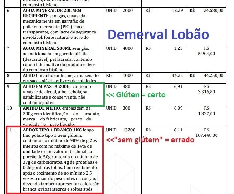 Planilha de Demerval Lobão evidenciando a coexistência dos dois padrões de grafia: 'glúten' correto no alho (item 9) e 'glútem' errado no arroz (item 11).