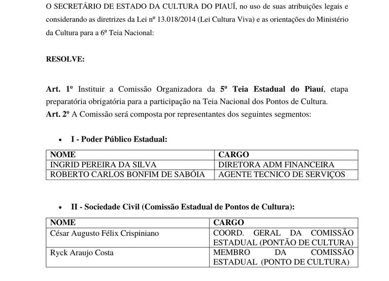 Portaria n. 018/2026-GAB: César Crispiniano e Ryck Araujo Costa aparecem como representantes da Sociedade Civil na Comissão Organizadora oficial da Teia Estadual. (SECULT/PI, 4 mar. 2026)