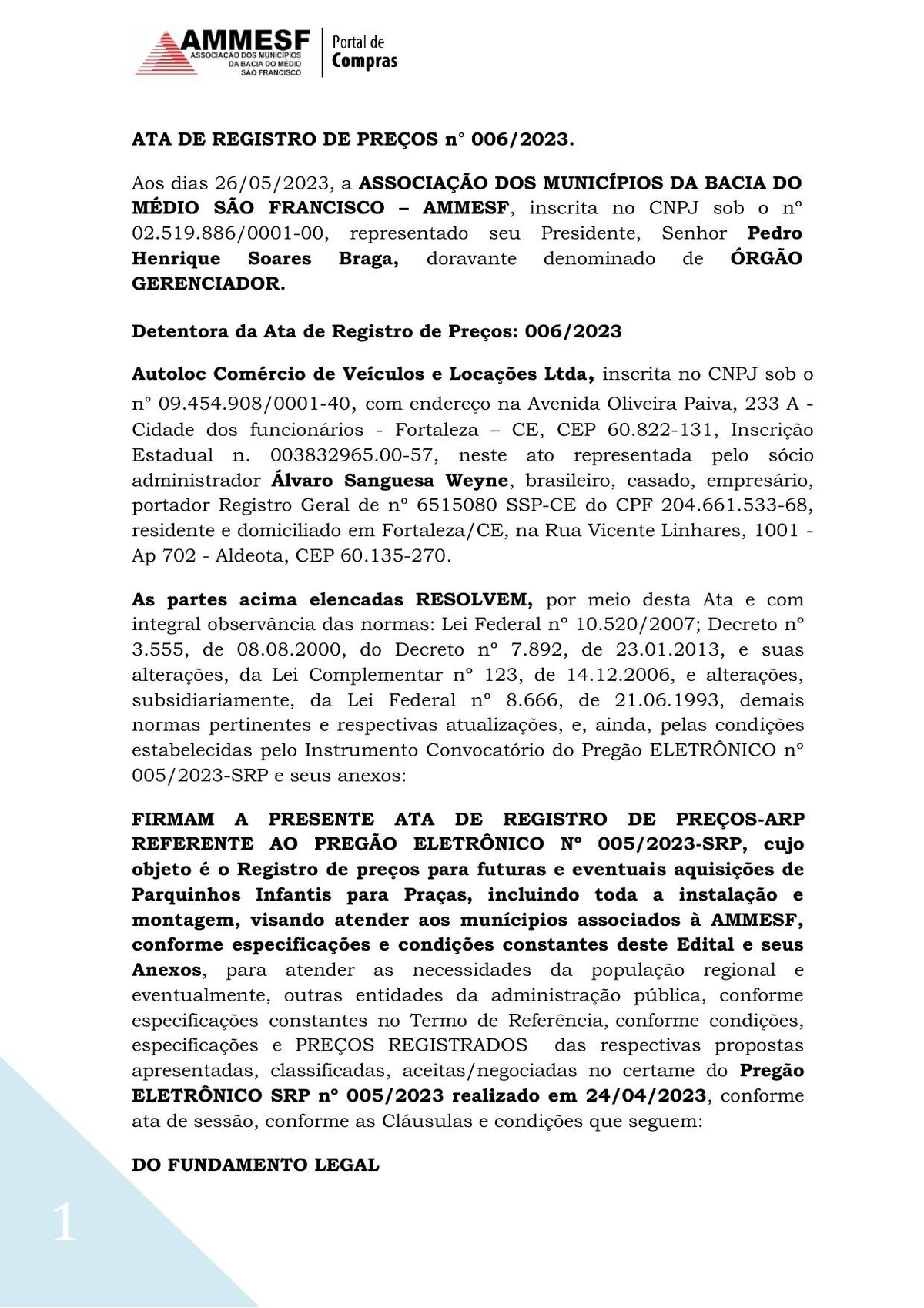 Primeira página da Ata de Registro de Preços n.º 006/2023 da AMMESF, assinada em 26/05/2023. O documento, originário de uma licitação realizada em Minas Gerais, foi incluído no processo administrativo do Pregão 10/2023 da SEDUC-PI.