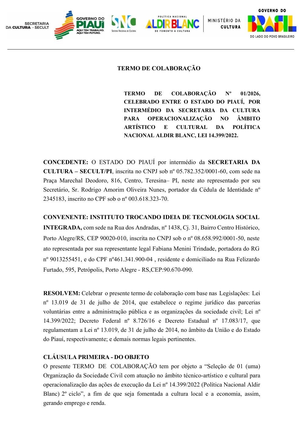 Primeira página do Termo de Colaboração No 01/2026, assinado digitalmente em 29 de janeiro de 2026, com valor de R$ 1.500.000,00
