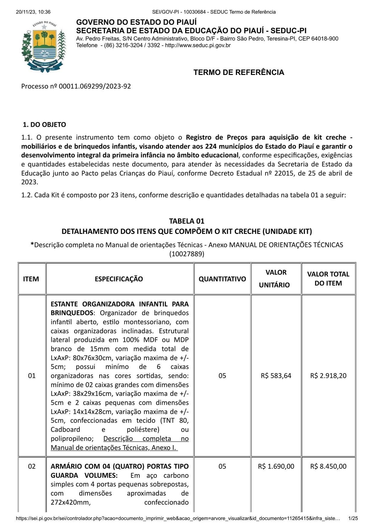 Primeira página do Termo de Referência (ID 10030684), que detalha as especificações dos 23 itens do kit creche e os critérios de habilitação técnica.